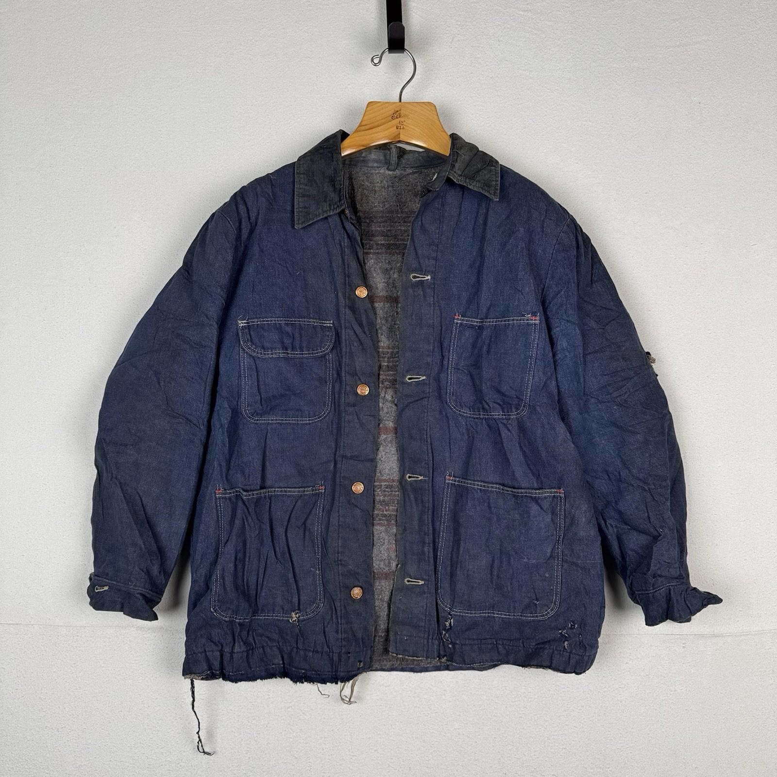 Vtg 1960s Wool Blanket Lined Denim Prison Chore Jacket Yard Coat 48" *Unwashed